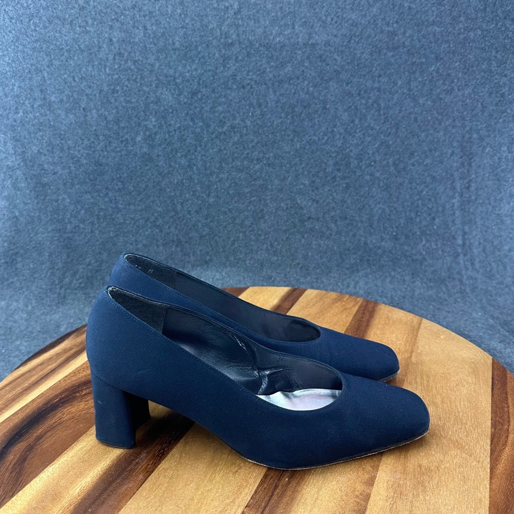 Stuart Weitzman Navy Blue Fabric Square Toe Block Heel Pumps Womens Size 7M
